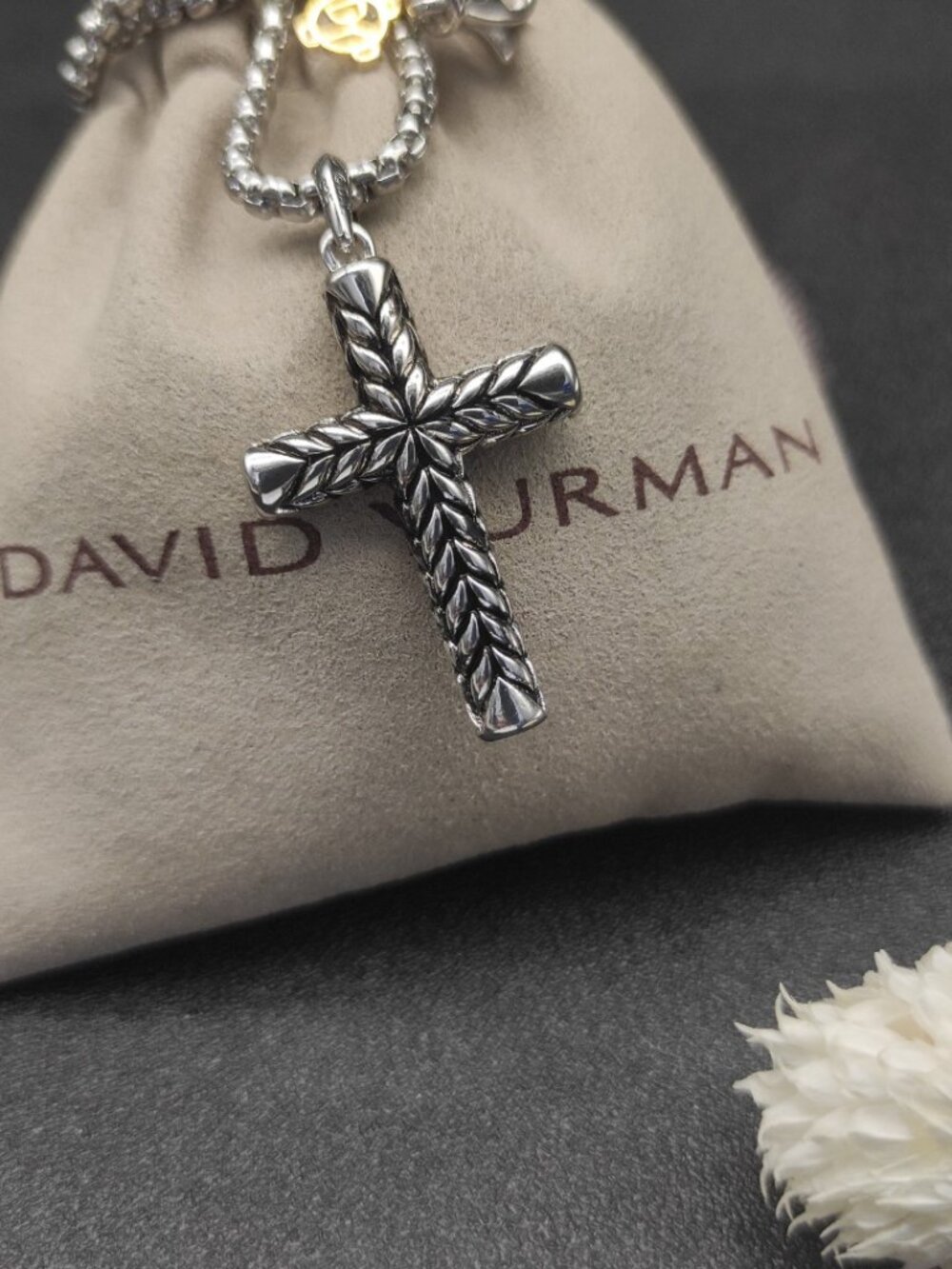 David Yurman Chevron Cross Black Diamond Necklace - Picture 2 of 9